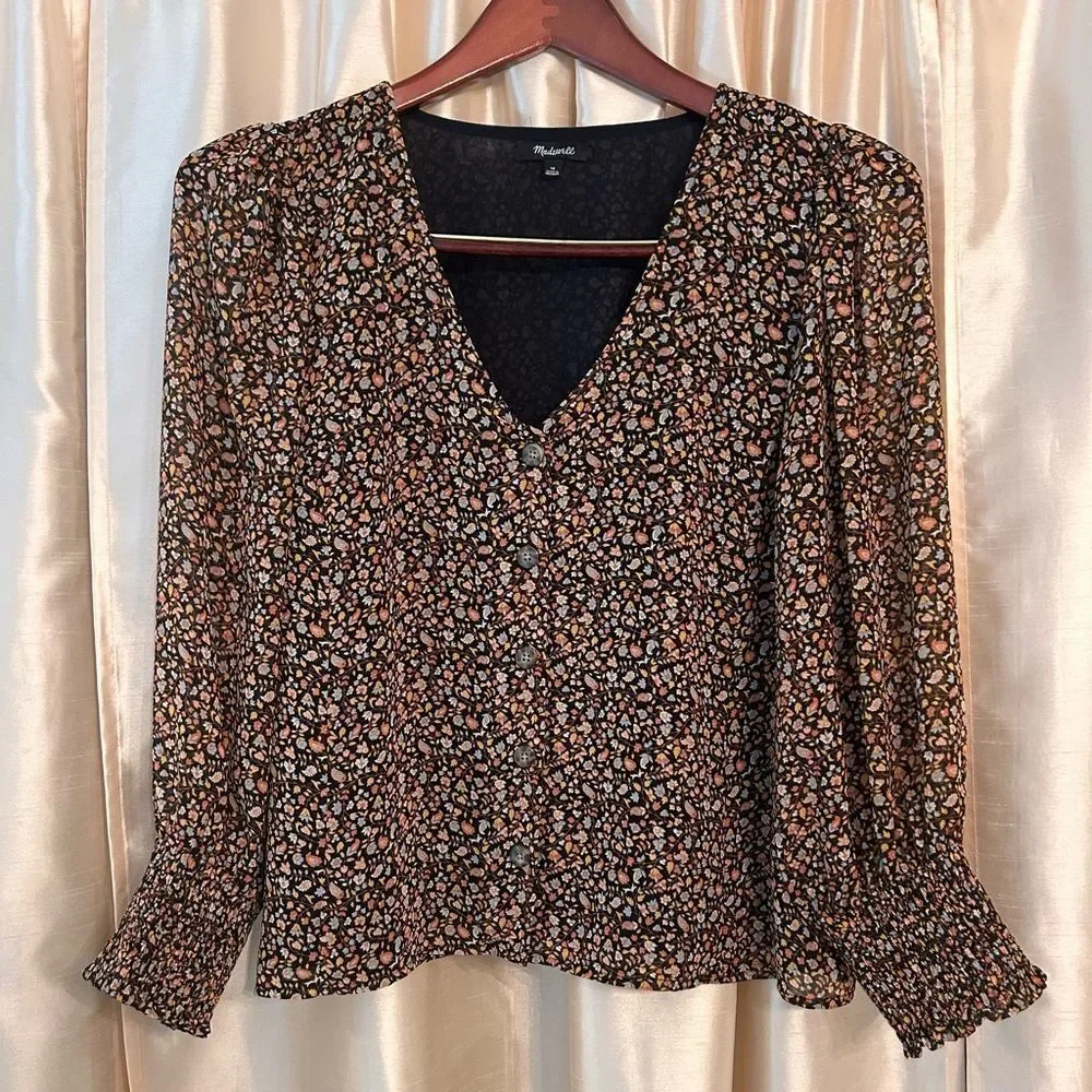 Madewell Georgette Smocked-Cuff Button-Front Shirt in Folktale Paisley EUC 14